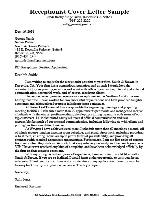 41382 receptionist cover letter structure