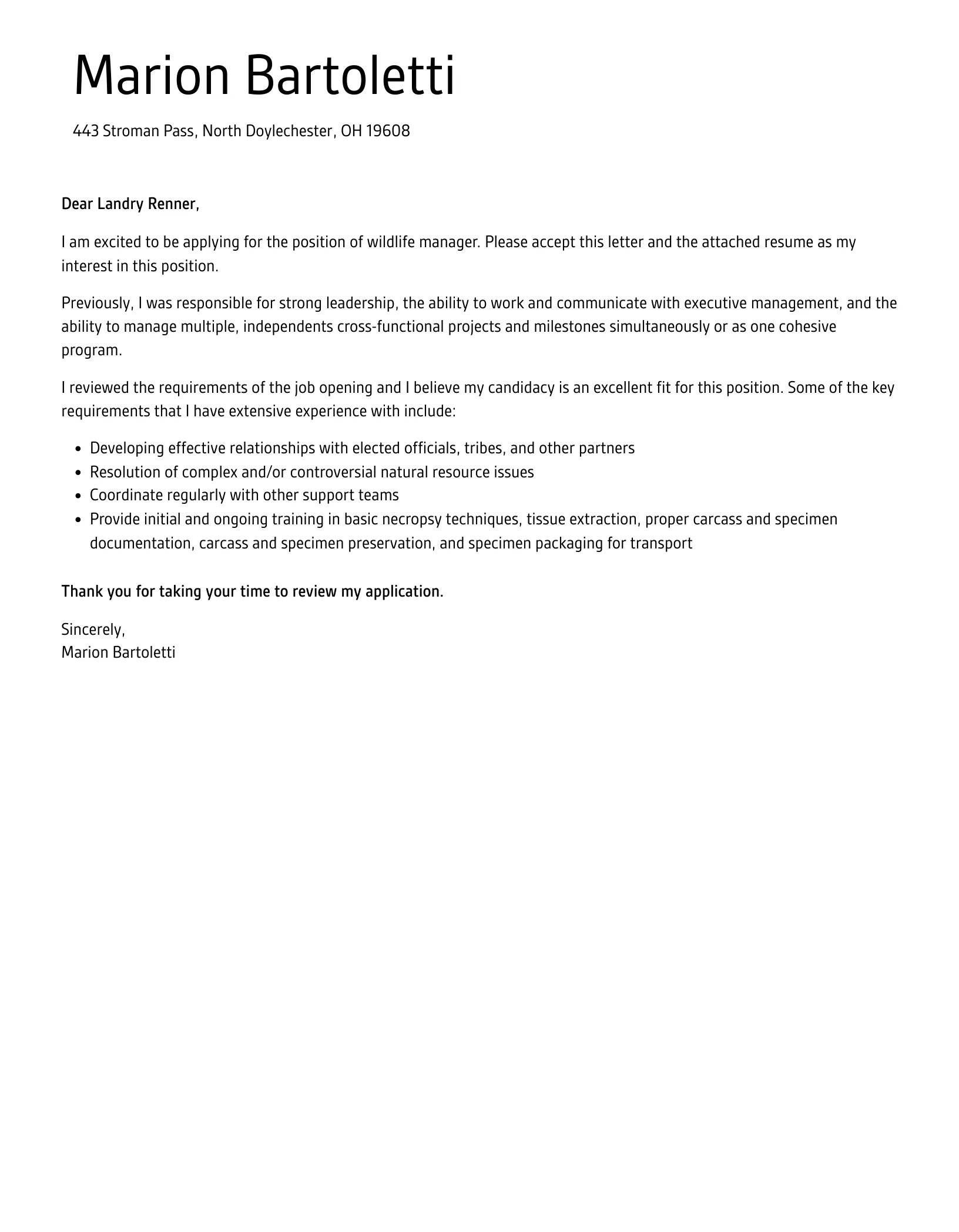 41388 wildlife cover letter skills