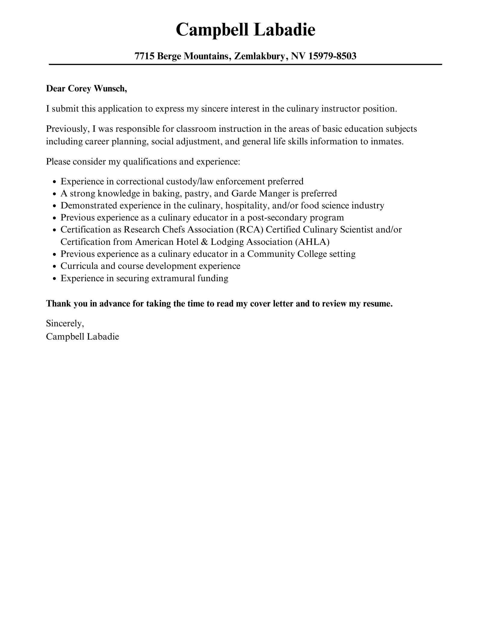 41398 culinary cover letter formatting
