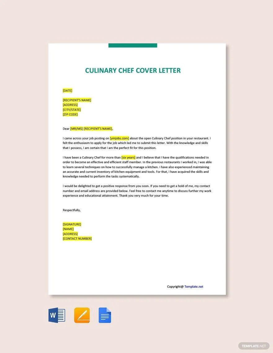 41398 culinary cover letter skills