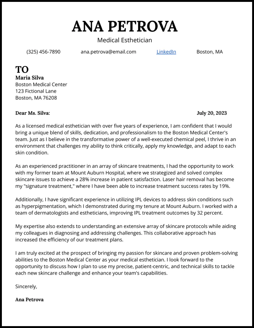 41407 esthetician cover letter call to action