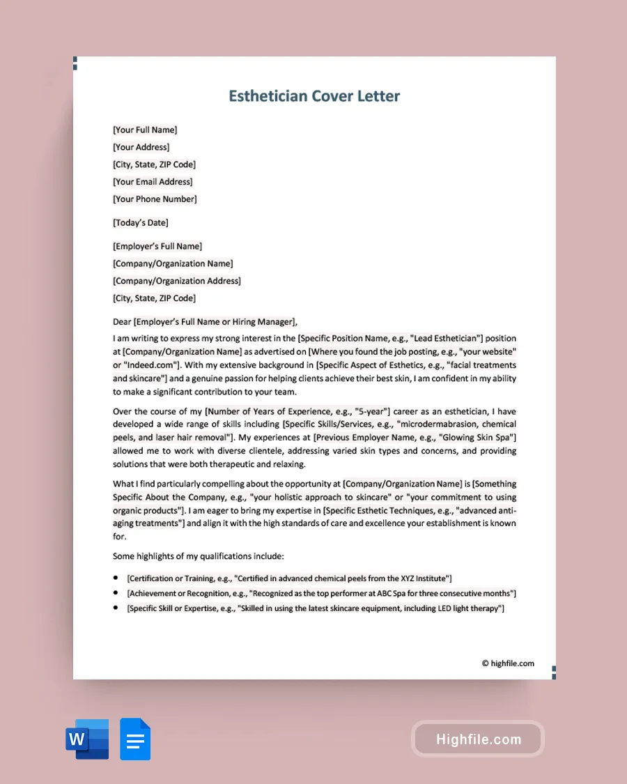 41407 esthetician cover letter intro