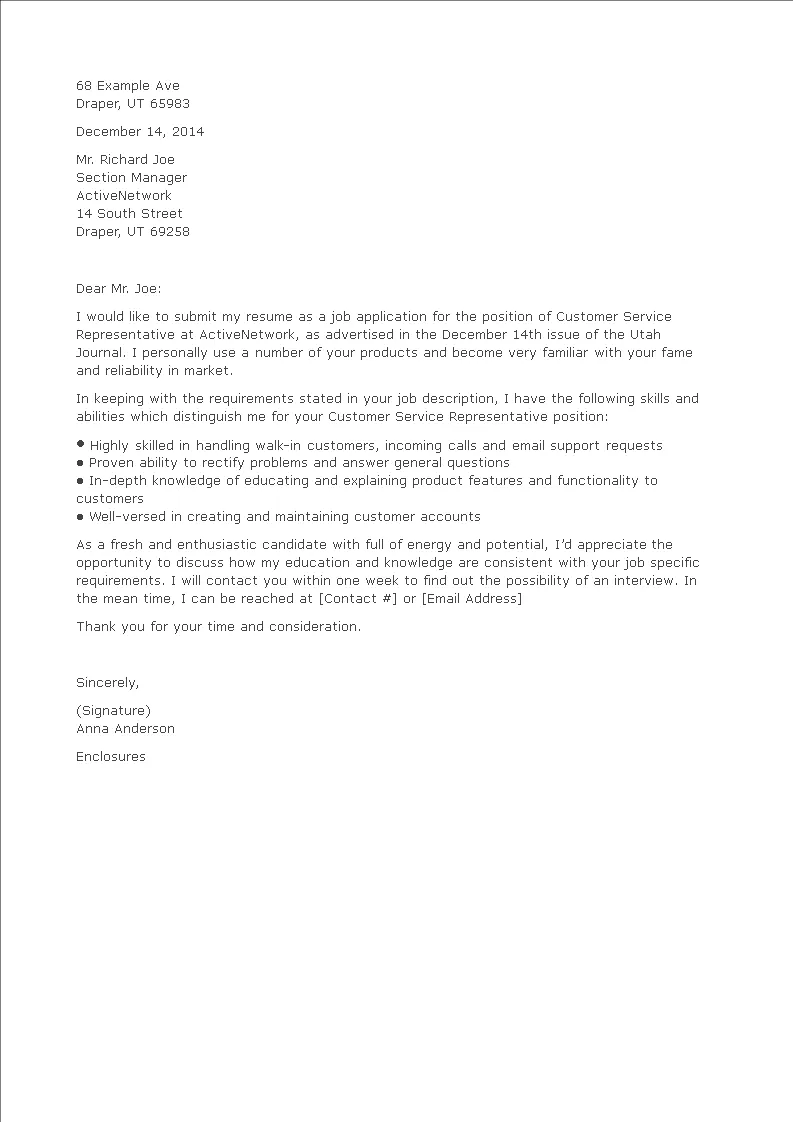 41423 customer service cover letter