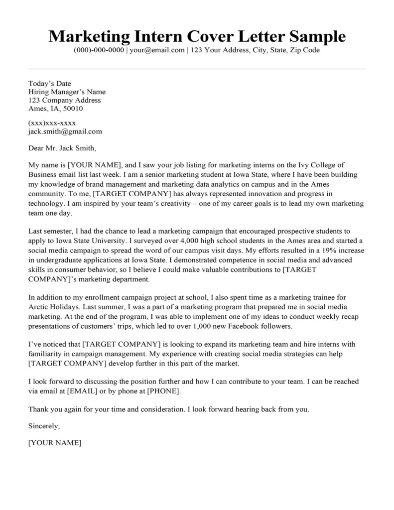 41449 marketing intern cover letter