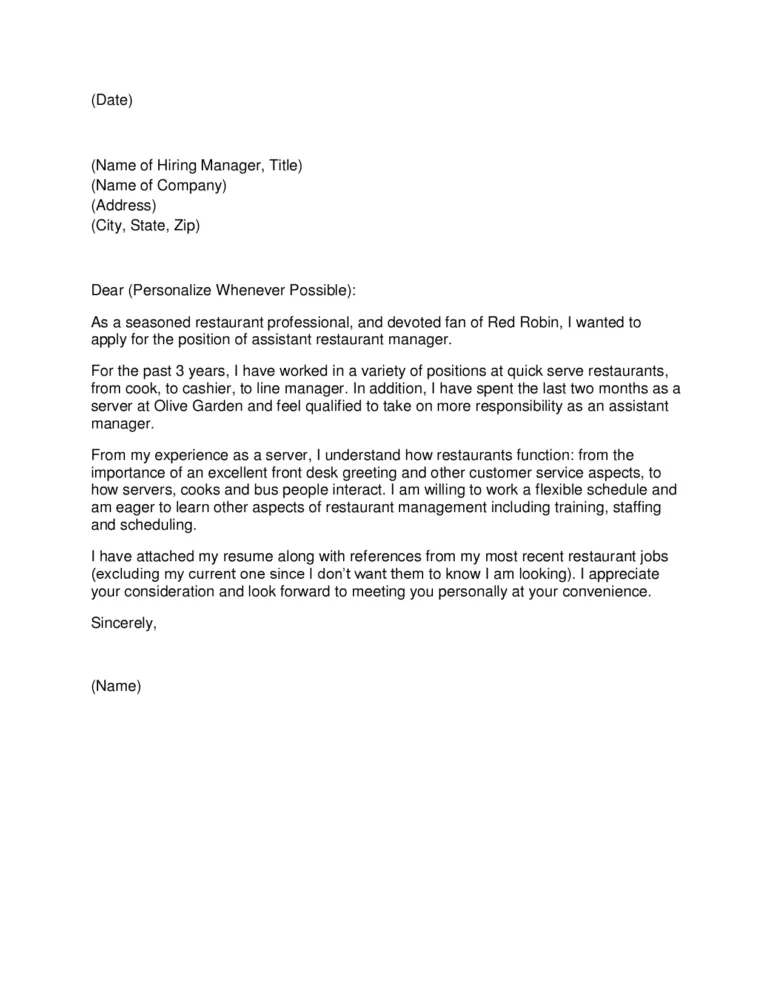 41452 assistant restaurant manager cover letter writing