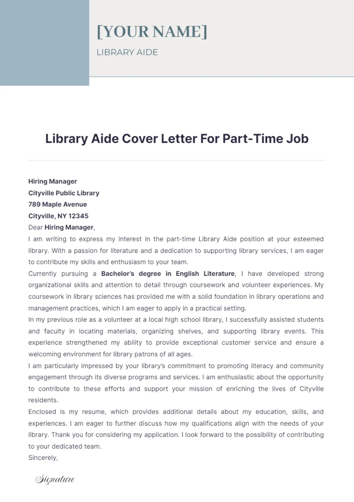 41474 library aide cover letter header