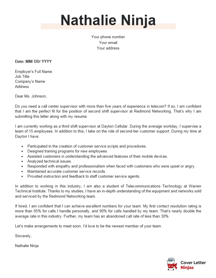 41500 call center cover letter achievements