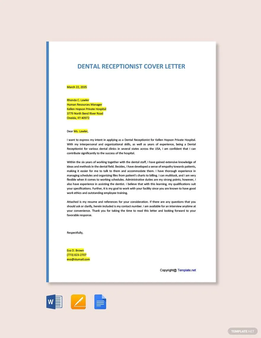 41525 dental receptionist cover letter writing
