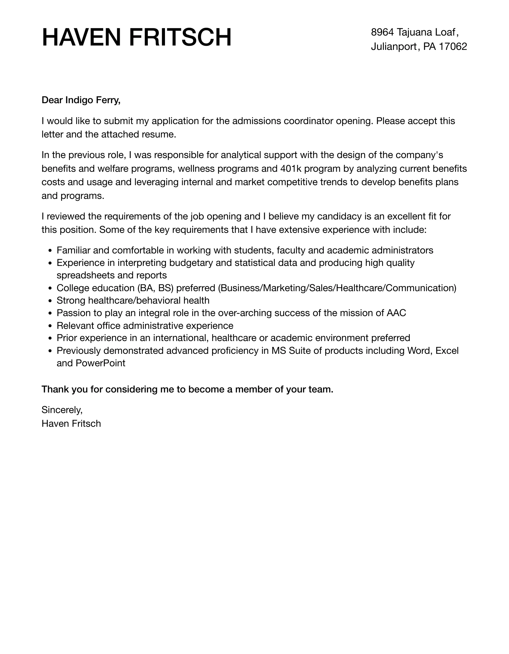 41568 admissions coordinator cover letter