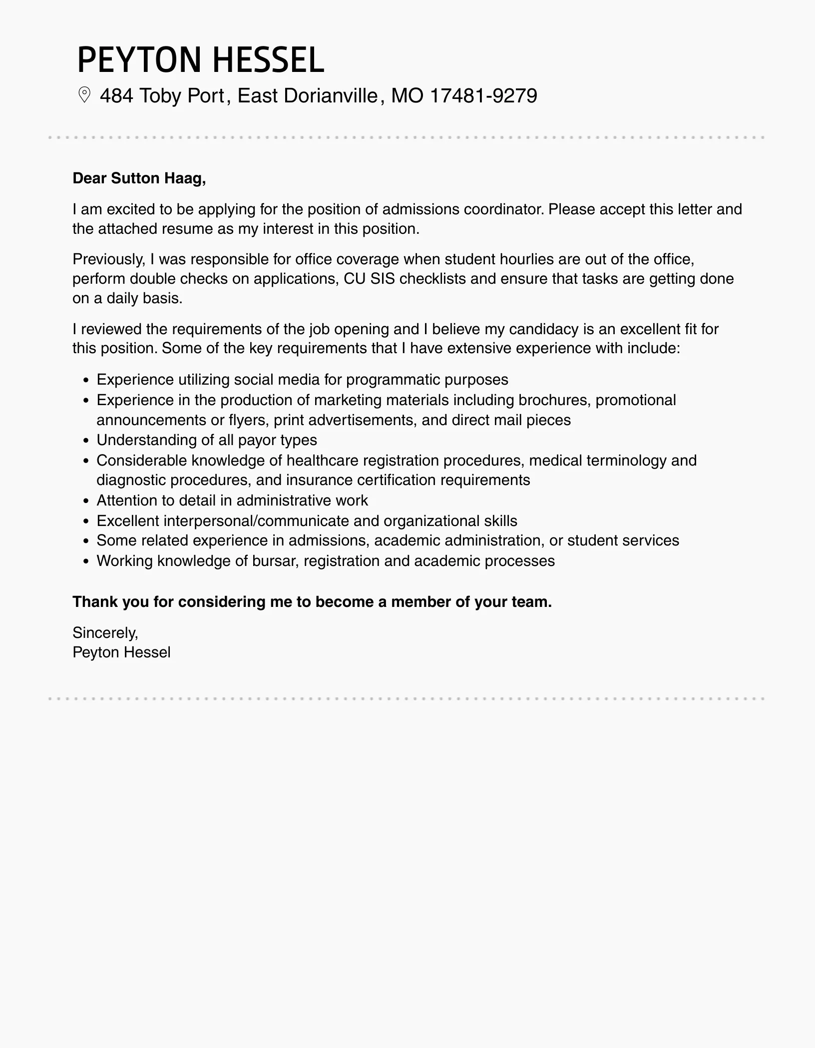41568 admissions coordinator job description