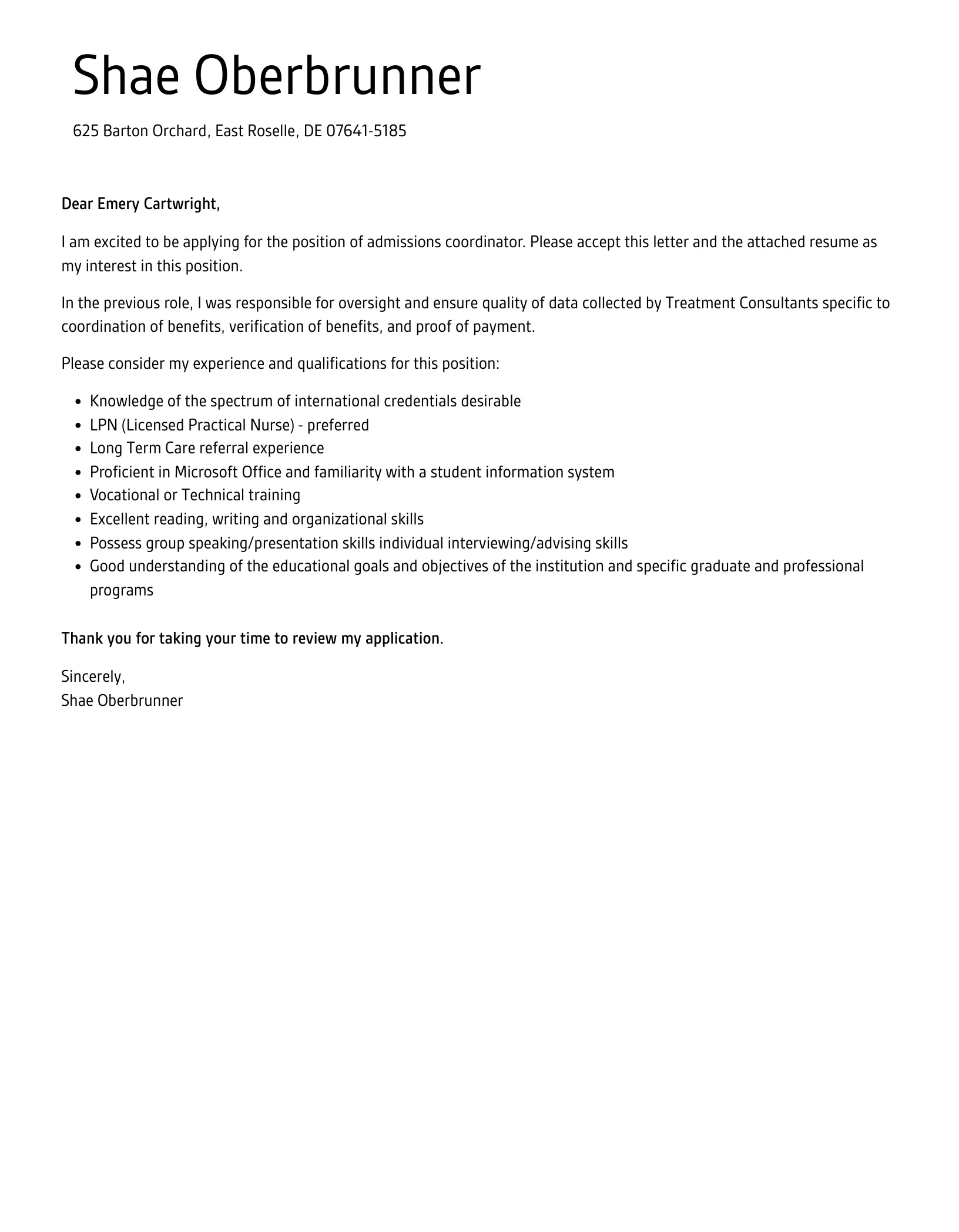 41568 admissions coordinator skills