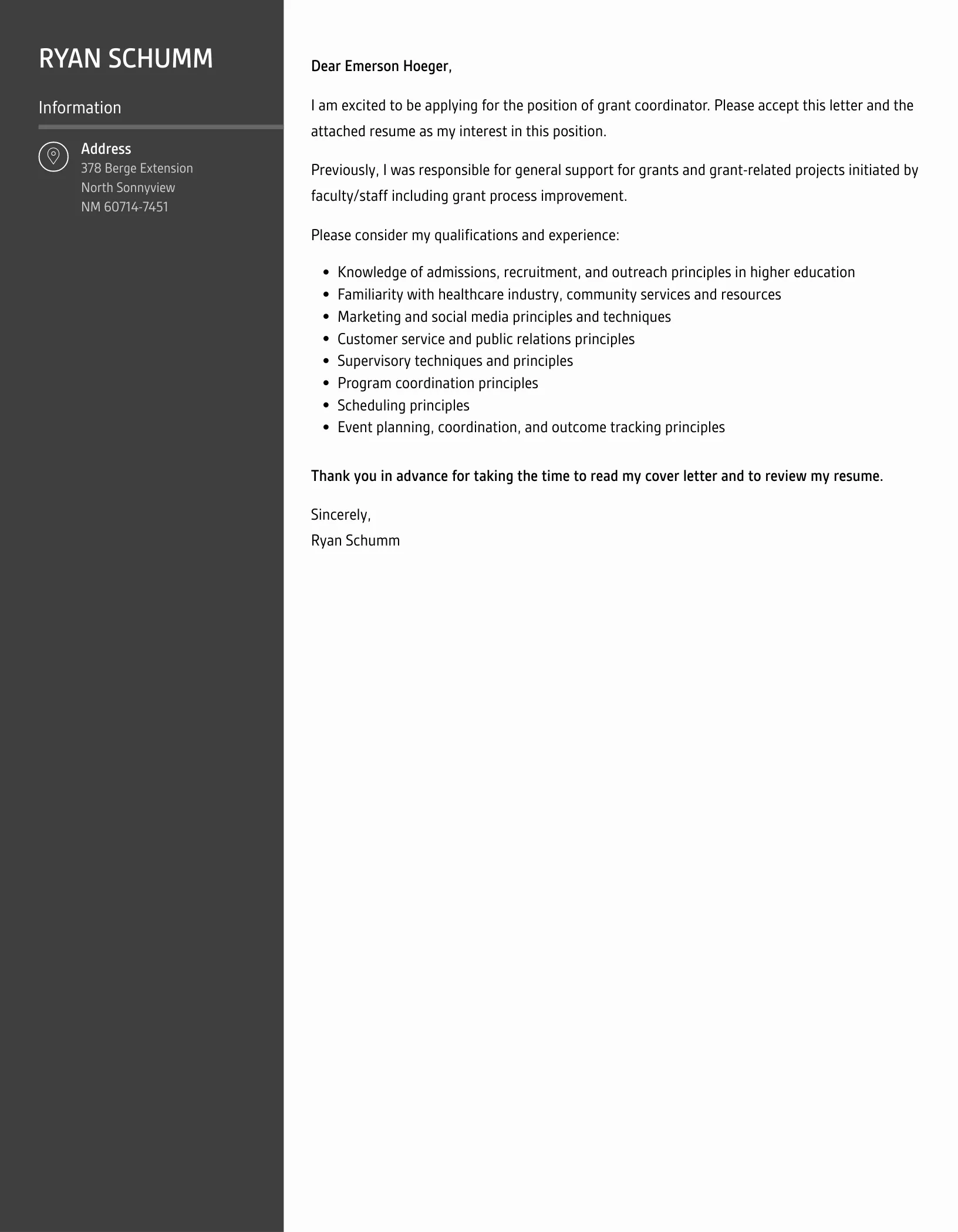 41611 cover letter experience grant coordinator