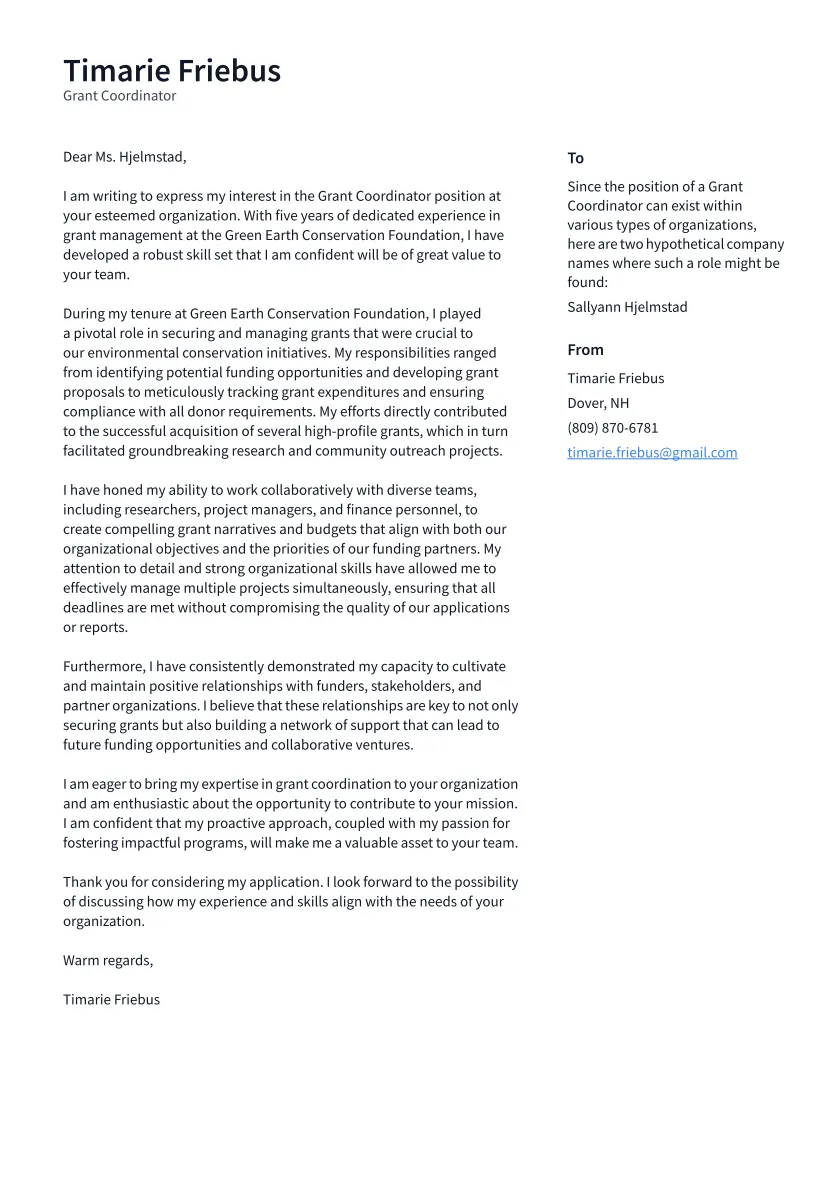 41611 grant coordinator cover letter writing