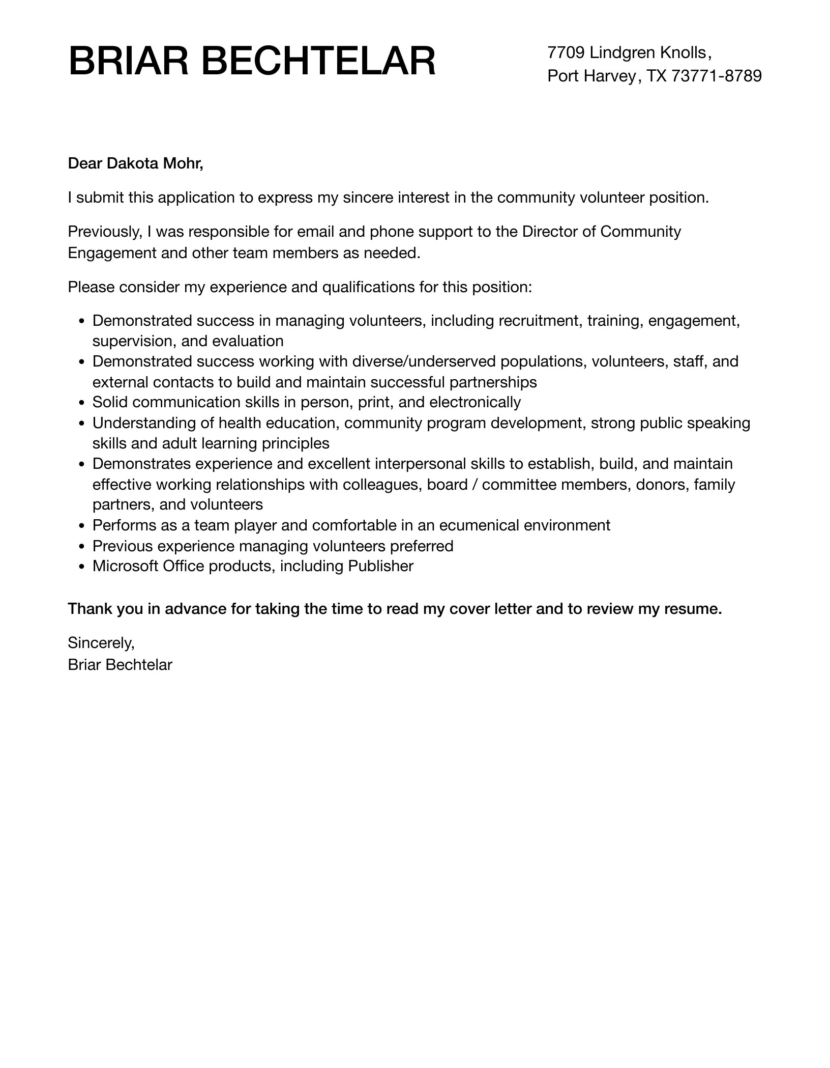 41659 volunteer cover letter passion